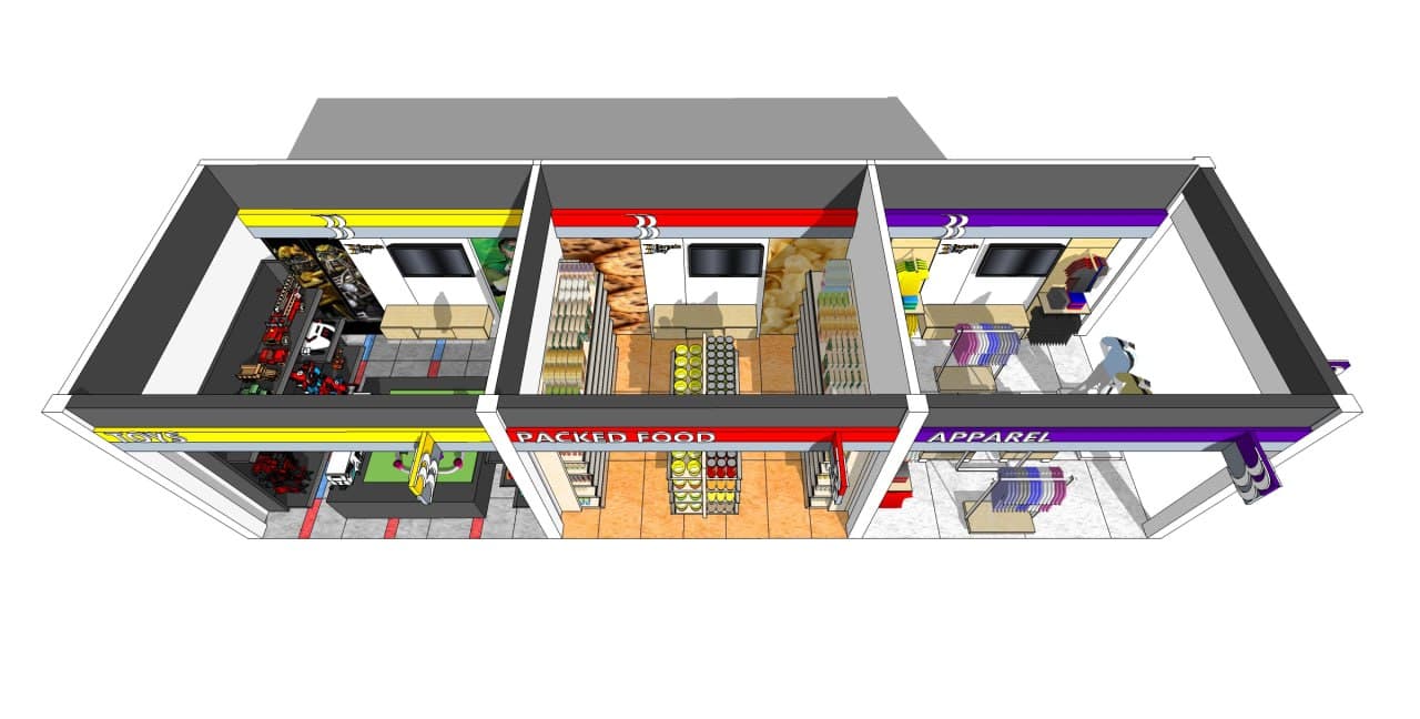 Bargain Bay Store — Toys, Packed Food & Apparel Sections